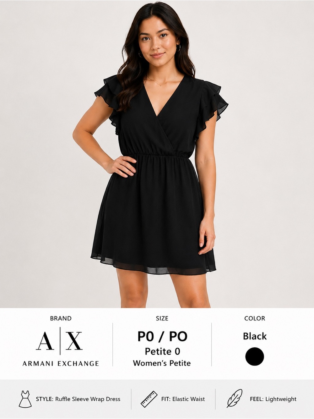 A|X Armani Exchange Black Ruffle Sleeve Wrap Dress Women’s P0 Petite minimalist